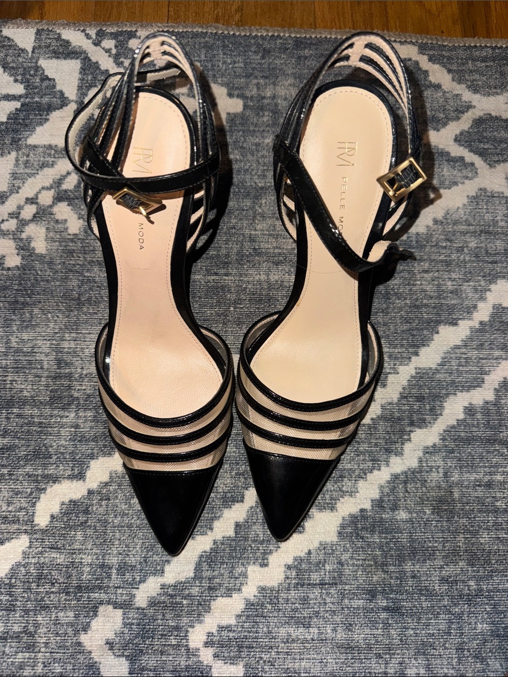 Pelle Moda Black and Nude Strappy Pointed-Toe Heels
